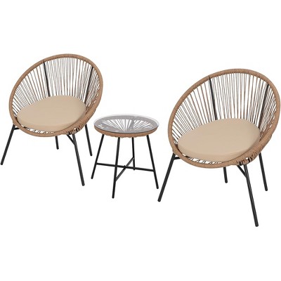 Acapulco Chair Set 3 Piece, Outdoor Patio Bistro Set with 2 Wicker Chairs & 1 Tempered Glass Table