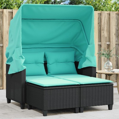 vidaXL Patio Sofa 2-Seater with Canopy and Stools Black Poly Rattan
