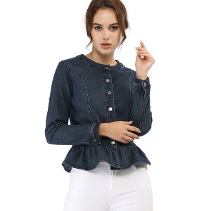INSPIRE CHIC Women's Peplum Collarless Round Neck Button Down Cropped Ruffle Hem Denim Jackets - 1 of 4