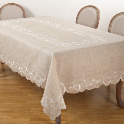 Beige Embroidered Linen Blend Rectangular Tablecloth, 67"x120"