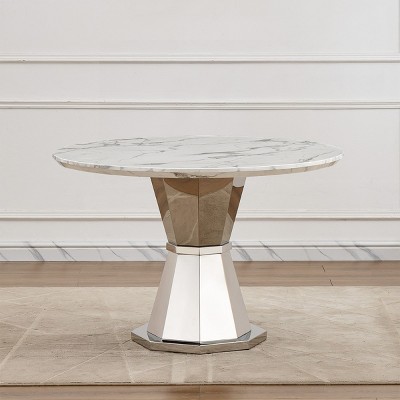 46" Modern Round Dining Table,High Gloss Faux Marble Top,Sturdy Stainless Steel Base for Kitchen and Dining Room - Maison Boucle