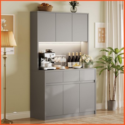 Homhougo 71" Tall Kitchen Pantry Cabinet, Kitchen Hutch Storage Cabinet with Led Lights and Power Outlets Gray