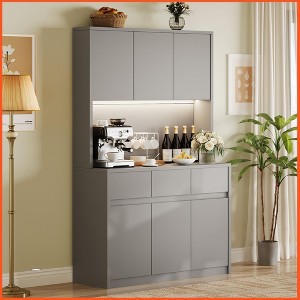 Homhougo 71" Tall Kitchen Pantry Cabinet, Kitchen Hutch Storage Cabinet with Led Lights and Power Outlets Gray - 1 of 4