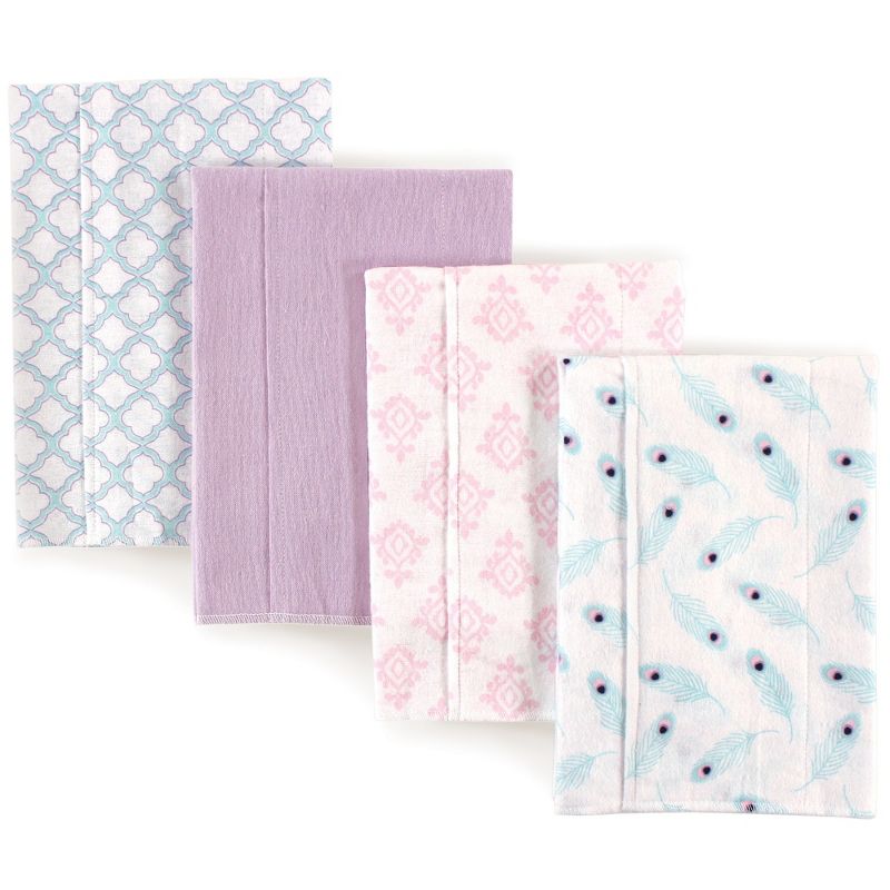 Hudson Baby Infant Girl Cotton Flannel Burp Cloths 4pk, Peacock Feather, One Size, 1 of 3