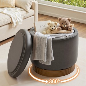 Bekrvio Swivel Storage Ottoman,Acacia Wood Wood Frame, Leather Upholstered Round Footstool, Hidden Storage Pouf for Living Room - 1 of 4