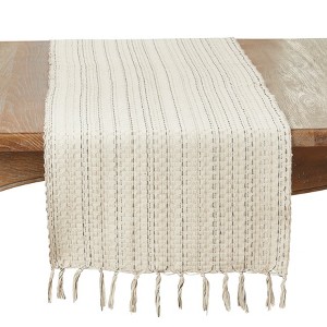 Saro Lifestyle Tassel Trimmed Stripe Table Runner, 16"x72", Beige - 1 of 3