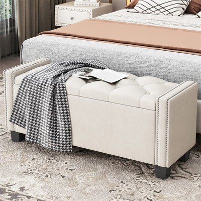 47.4in Ottoman Bench With Storage, Velvet Footrest Stool With Rivet, Tufted Upholstered End Of Bed Bench Ottoman For Living Room Entryway