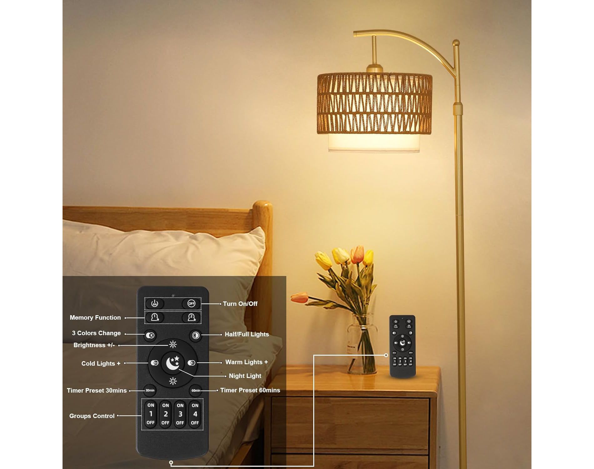 GDFStudio Rani Bohemian Arc Floor Lamp with Rattan Fabric Shades, 3 Color Temperatures and Adjustable Height, Gold