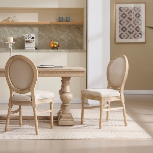 Kumasinova Natural Dining Chairs Set of 2,Upholstered Cotton Linen Chairs with Round Backrest,Carved Solid Wood Legs,Chairs for Dining Room - 1 of 4