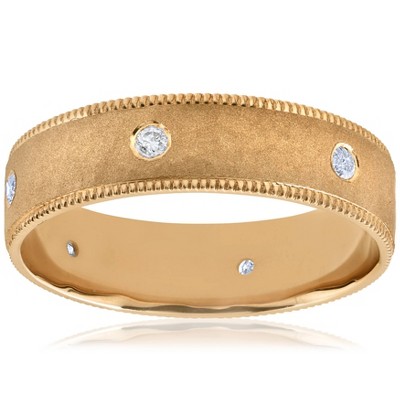 Pompeii3 Mens 14K Yellow 6mm Diamond Brushed Hammered Wedding Ring