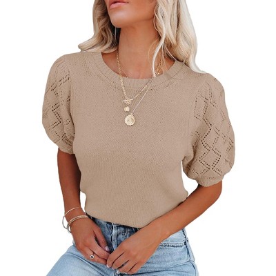 Women's Lightweight Short Sleeve Crewneck Sweaters Knit Pullover Tops with Casual Crochet Sleeve Blouse,Dark Apricot - L