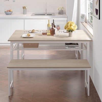 3-Piece Dining Table Set For 4, Farmhouse Kitchen Table Set With 2 Benches, Metal Frame And MDF Board Dining Room Table Set