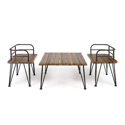 Zion 3pc Acacia Wood & Iron Industrial Coffee Table Chat Set - Teak - Christopher Knight Home