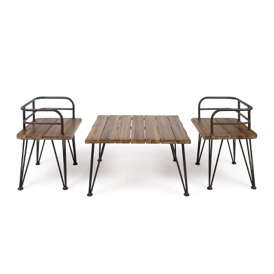 Zion 3pc Acacia Wood & Iron Industrial Coffee Table Chat Set - Teak - Christopher Knight Home