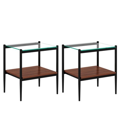 VYNXARIA Set of 2 Rectangle Brown End Table, Tempered Glass Tabletop with MDF layer, Modern Table for Living Room
