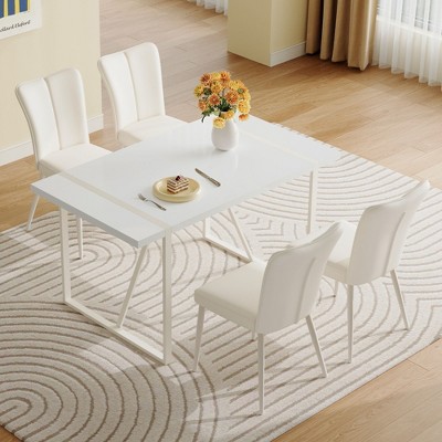 NicBex 5 PCS/7 PCS Cream-Style Piece White MDF Dining Table Set with 4/6 Vertical Line Design Backrest Chairs for Kitchen/Apartment,White
