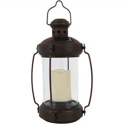 Sunnydaze Outdoor Antique Style Hanging Solar Lantern Light with LED Light and Candle - 12" - Bronze