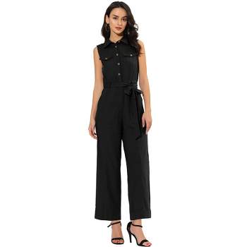 Allegra K Women's Short Sleeve Collared Cropped Coverall Button Down Tie  Waist Cotton Cargo Jumpsuit Black Small