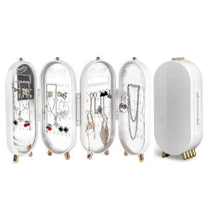HTUTWOO Foldable Earring Holder Jewelry Organizer Box with Mirror, 4-Layer Dustproof Earring Necklace Display Stand Jewelry Box with for Girls