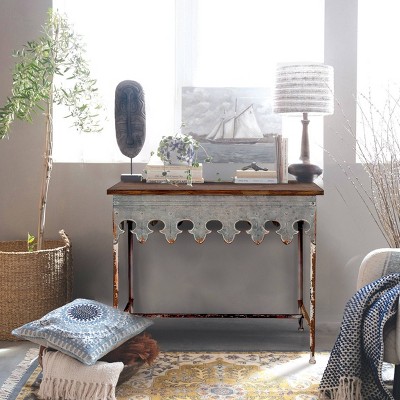 Scalloped Edge 36" Metal & Wood Console Table with Distressed Finish