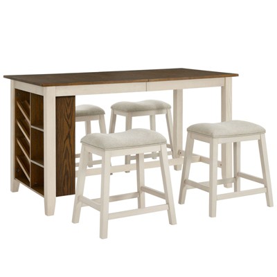 AMERLIFE 5-Piece Solid Wood Counter Height Kitchen Island Table Set with Storage, Farmhouse Dining Table & Upholstered Stools, Rustic Brown & White