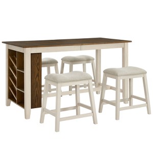 AMERLIFE 5-Piece Solid Wood Counter Height Kitchen Island Table Set with Storage, Farmhouse Dining Table & Upholstered Stools, Rustic Brown & White - 1 of 4