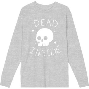 Halloween Cartoon Skull Dead Inside Crew Neck Long Sleeve Heather Gray Adult Tee - 1 of 2