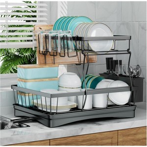 Attop 2-Tier Detachable Large Capacity Dish Drainer Organizerfor Kitchen Counter,  Dish Racks with Utensil Holder, Black - 1 of 4