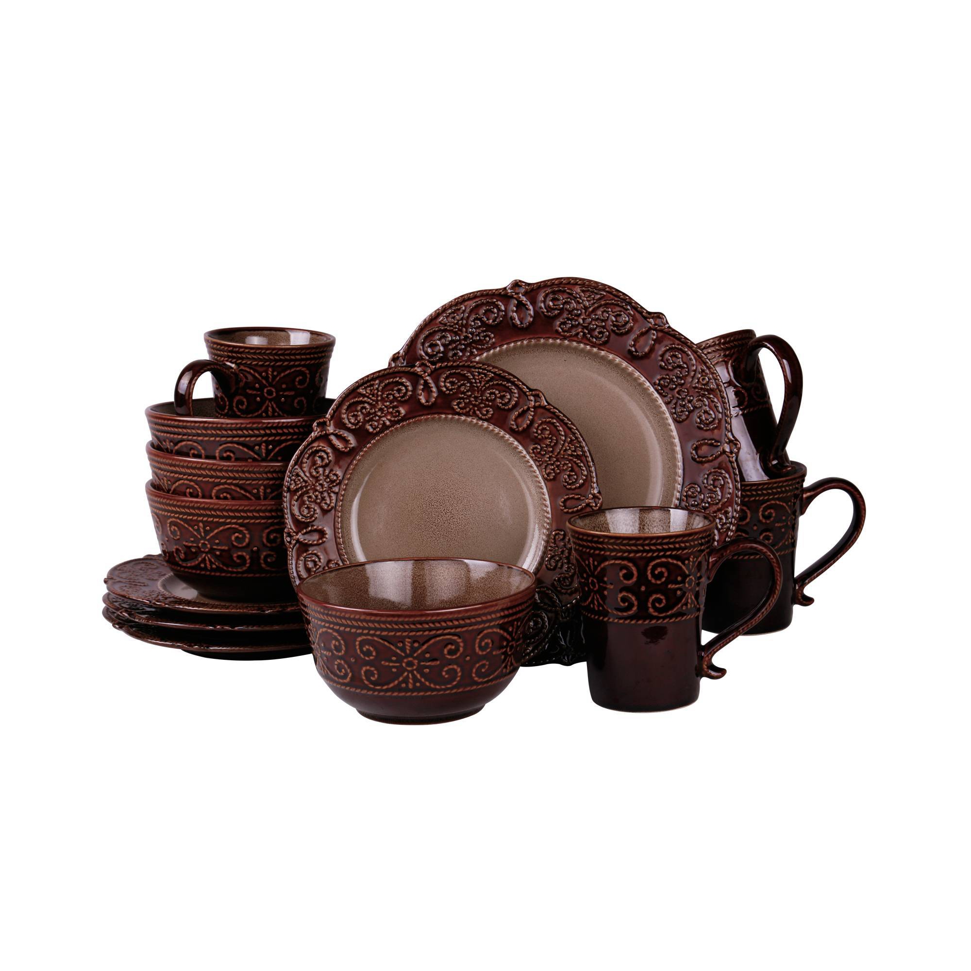 16pc Stoneware Antique Elegance Embossed Dinnerware Set Brown - Elama: Microwave & Dishwasher Safe, Service for 4