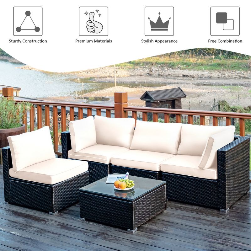 Costway  5PCS Patio Rattan Furniture Set Cushioned Sofa & Chair Coffee Table, 5 of 15