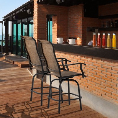 Brown Steel Frame Outdoor Swivel Bar Stools with Armrests