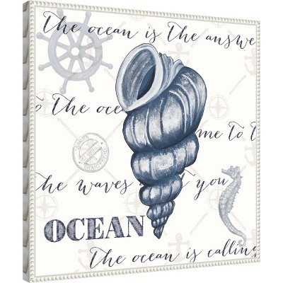 Indigo Ocean Treasures I Coastal Canvas Wall Art with White Frame