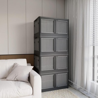 INFURNIC Decorative Storage Cabinets 4-Pack Transparent Stackable Storage Bins with Folding Design and Wheels, Black, 26.38"*18.5"*59.84"