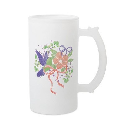 Elanze Designs Freezable Beer Stein Mug With Thumb Grip Handle, 16 Ounce Frosted Glass, Hummingbird Floral