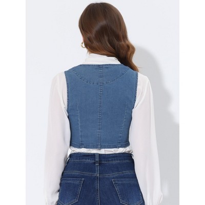 Allegra K Women's Denim Button Up Sleeveless Crop Jean Vest Waistcoat Light Blue Large — фото 4