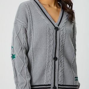 Autumn Winter Women's Loose Casual Embroidered Knit Cardigan Sweater Grey L - 1 of 3