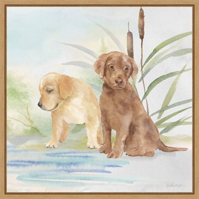 Woodland Dogs II Watercolor Canvas Art with Maple Frame