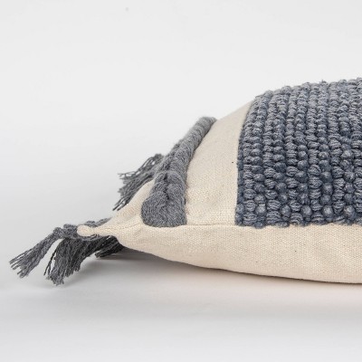 Gray Textured Cotton Lumbar Pillow with Macramé Fringe
