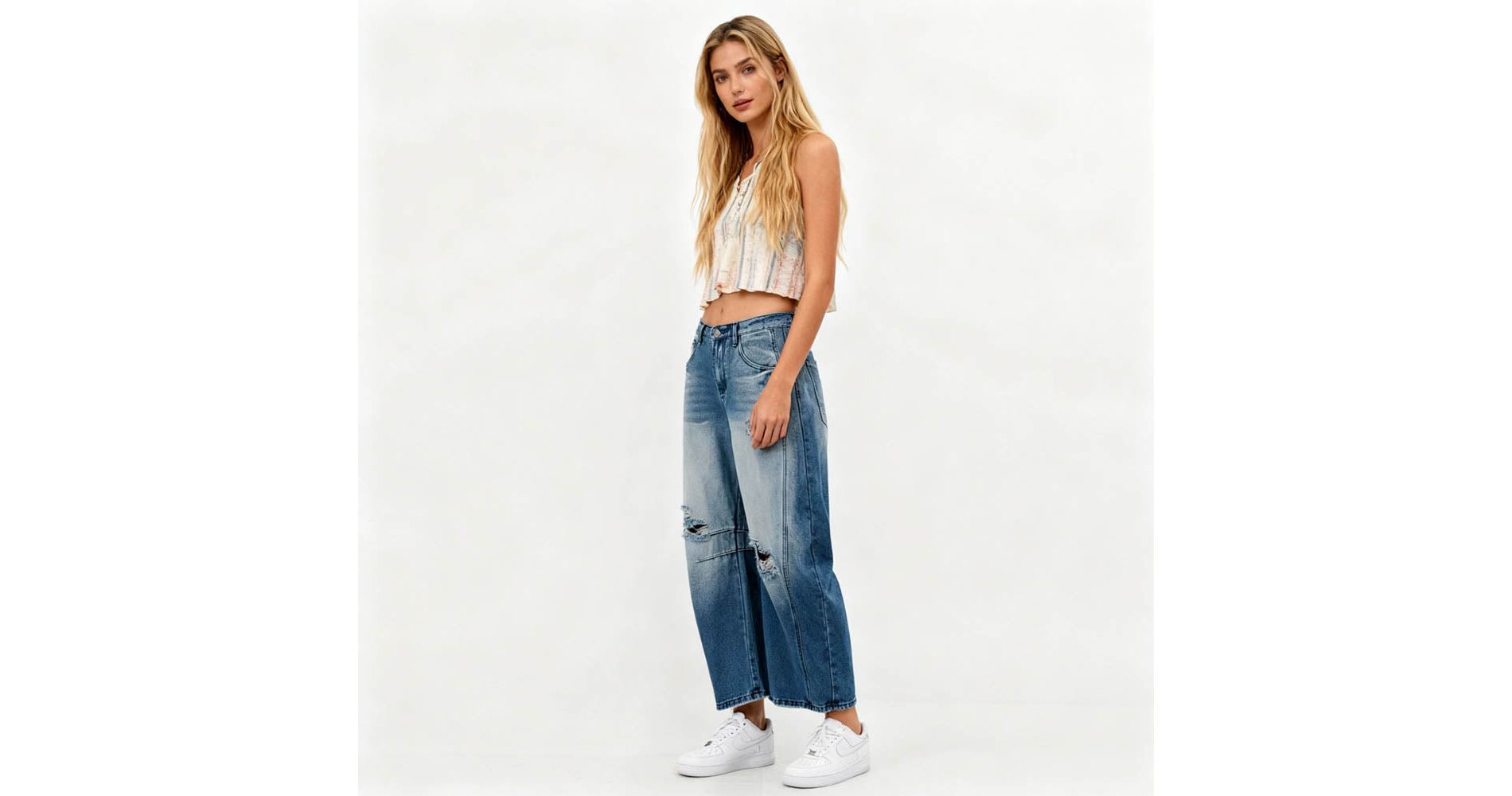Women's Barrel Leg Baggy Jeans – High Rise Vintage Wash Slouchy Fit Denim by Cherie Code
