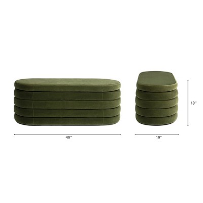 Olive Green Bouclé Upholstered Oval Storage Bench with Rubberwood Frame