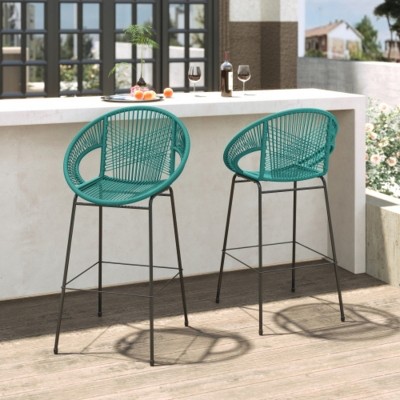 Set of 2 PE Wicker Outdoor Bar Stools with Curved Backrest, Metal Frame Counter Height Chairs for Patio, Deck, or Balcony-Maison Boucle