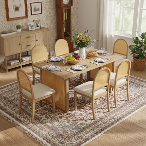 KTMBDW 7-Piece Dining Table Set with 6 Rattan Chairs, 59.8" Rectangular Kitchen Table & Chairs Set for 6, Rustic Dining RoomTable for Small Space - 1 of 4