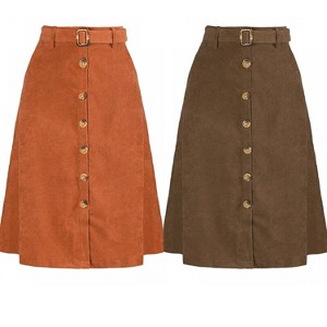 INSPIRE CHIC Women's High Waist Solid Button Front A-Line Belted Corduroy Midi Skirt 2 Packs - 1 of 4