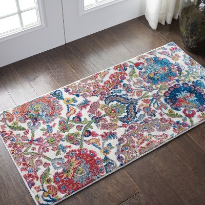 Ivory and Blue Floral Synthetic 2' x 4' Area Rug