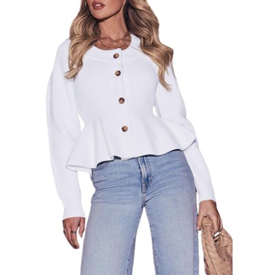Coolmee Women's Cropped Cardigan Sweaters Fall Sleeve Button Cardigans Ruffled Hem Cute Sweater