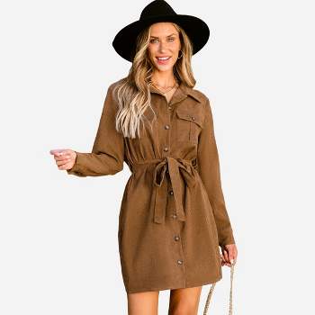 Women's Belted Faux Suede Button-Front Dress - Cupshe
