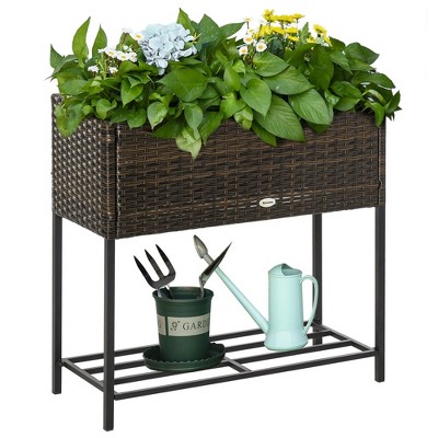Chic Crate - Rattan-Look Raised Garden Planter Box with Tool Storage - Portable Elevated Bed for Herbs/Vegetables/Flowers - Brown Wicker Design