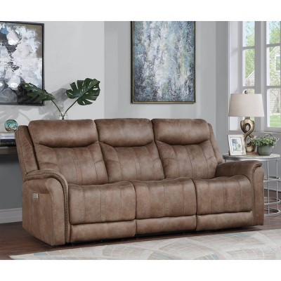 Camel Faux-Suede Power Reclining Sofa with Nailhead Trim