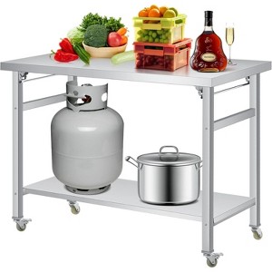 Nasitip Silver Folding Stainless Steel Table with Undershelf and Lockable Wheels, Commercial-Grade Double-Tier Workstation - 1 of 4