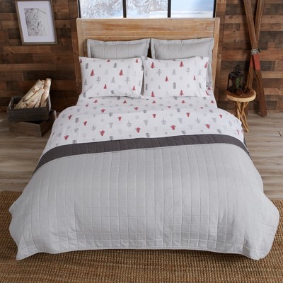 Winter Trees Red and Gray Cotton Flannel King Sheet Set